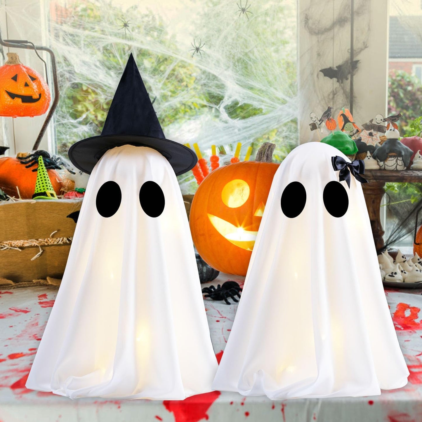 Illuminated Halloween Ghost Decorations - Set of 2 DIY Spooky Ghost Crafts for Indoor Home Mantel, Shelf, and Tabletop Decor