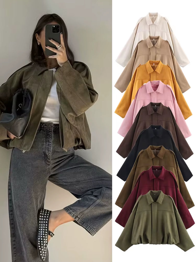 Women Suede Bomber Bubble Jacket