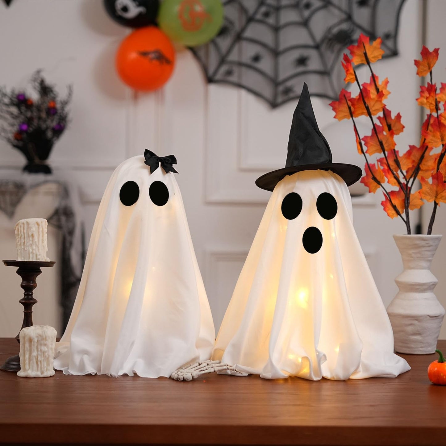 Illuminated Halloween Ghost Decorations - Set of 2 DIY Spooky Ghost Crafts for Indoor Home Mantel, Shelf, and Tabletop Decor
