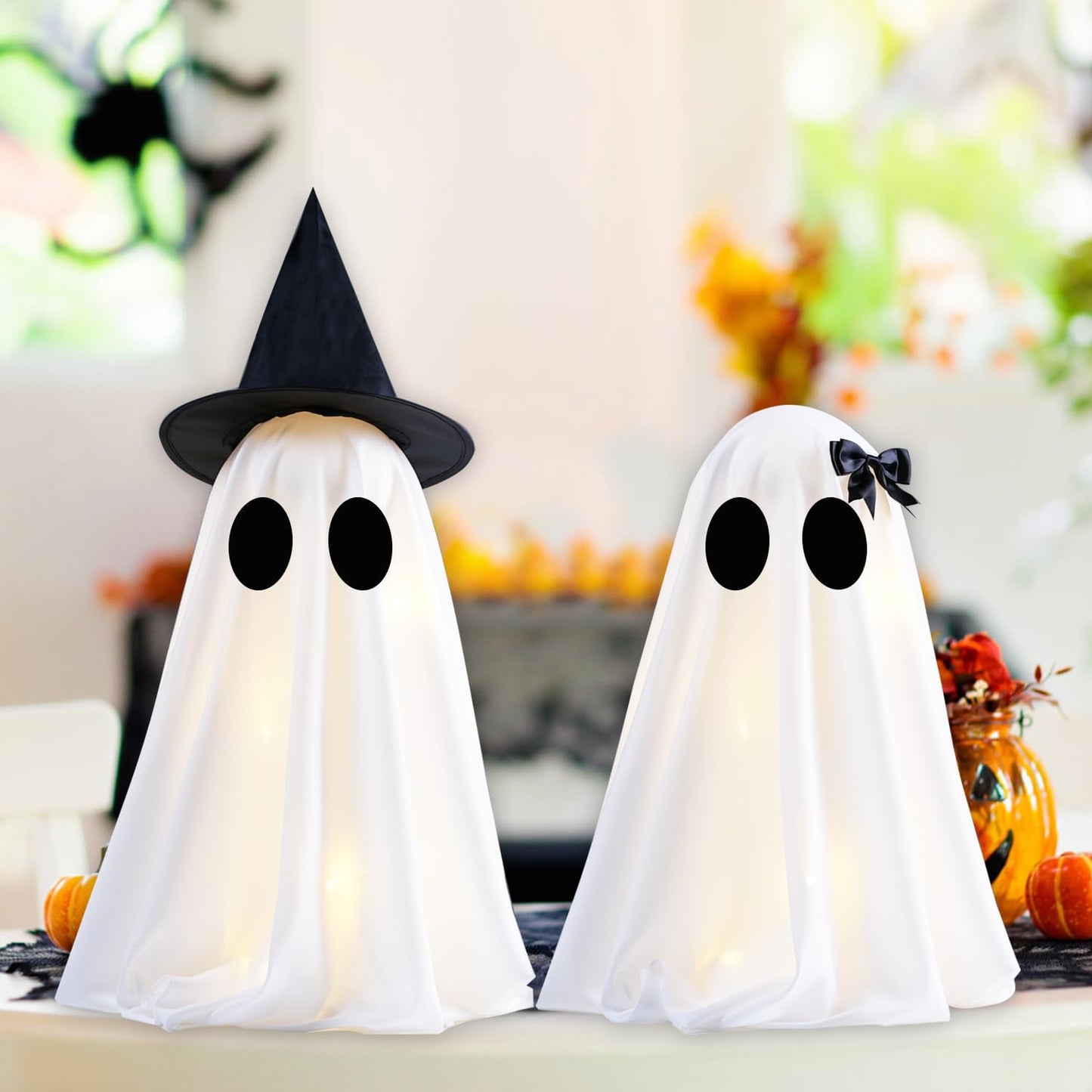 Illuminated Halloween Ghost Decorations - Set of 2 DIY Spooky Ghost Crafts for Indoor Home Mantel, Shelf, and Tabletop Decor