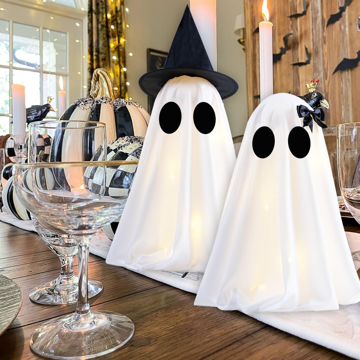 Illuminated Halloween Ghost Decorations - Set of 2 DIY Spooky Ghost Crafts for Indoor Home Mantel, Shelf, and Tabletop Decor