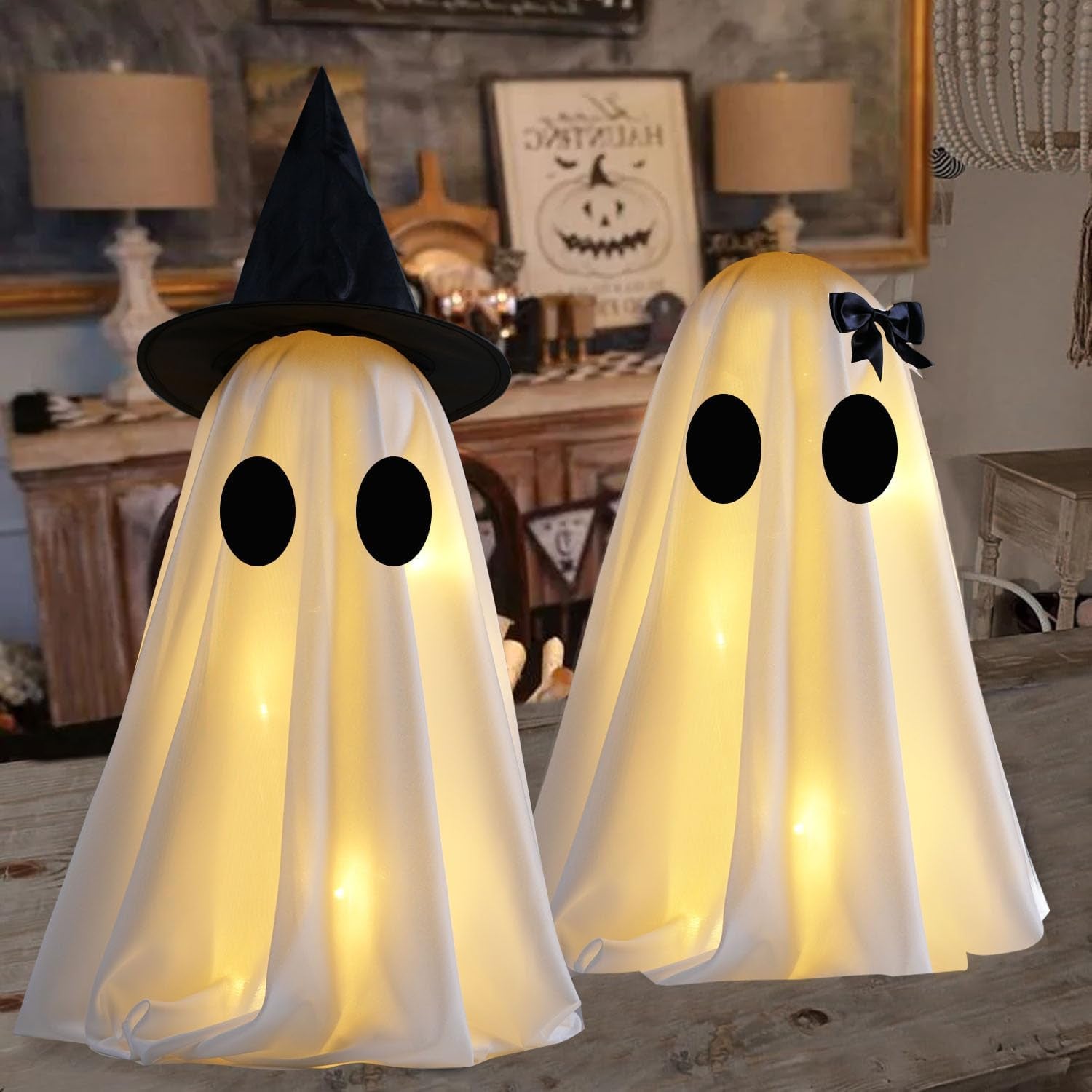 Illuminated Halloween Ghost Decorations - Set of 2 DIY Spooky Ghost Crafts for Indoor Home Mantel, Shelf, and Tabletop Decor