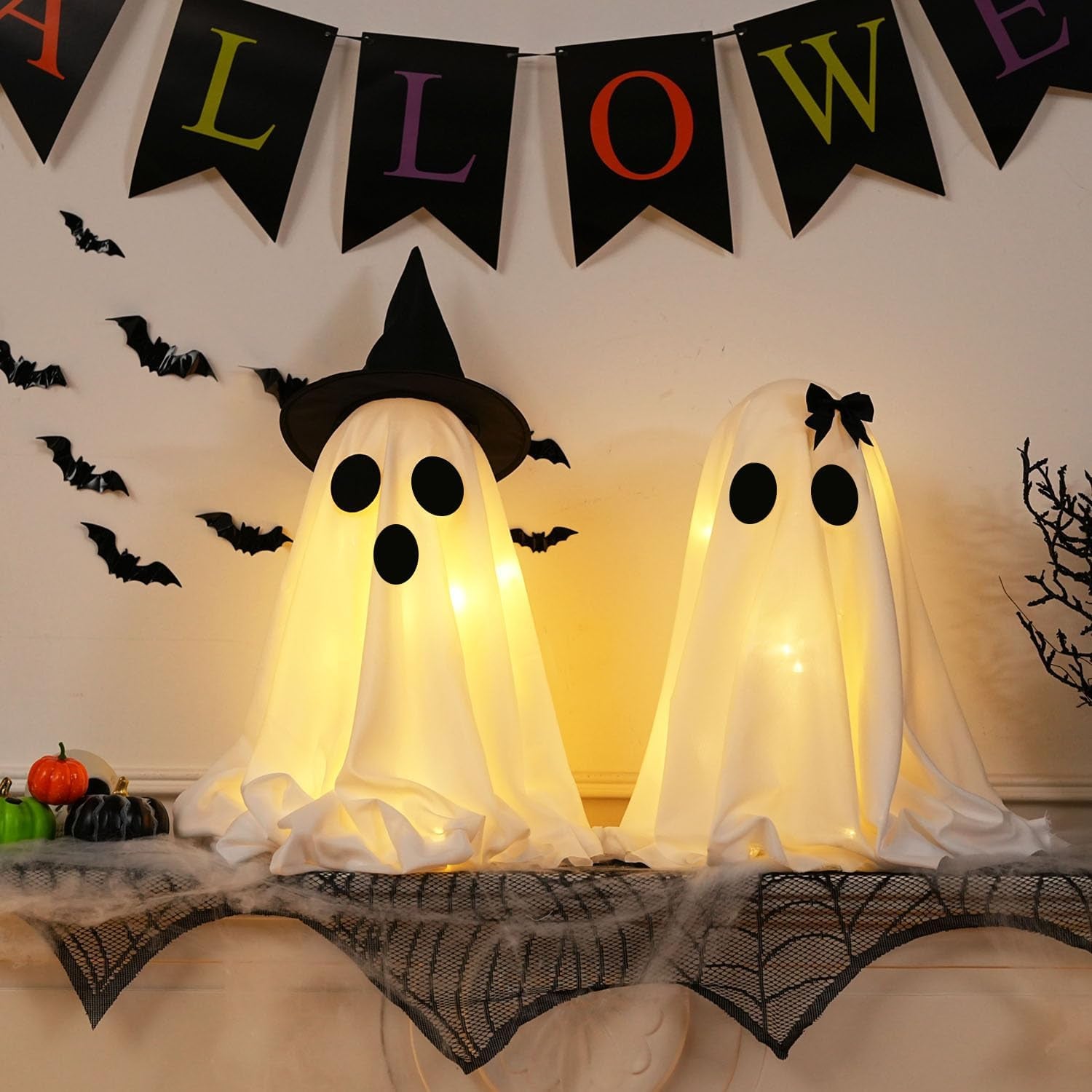 Illuminated Halloween Ghost Decorations - Set of 2 DIY Spooky Ghost Crafts for Indoor Home Mantel, Shelf, and Tabletop Decor