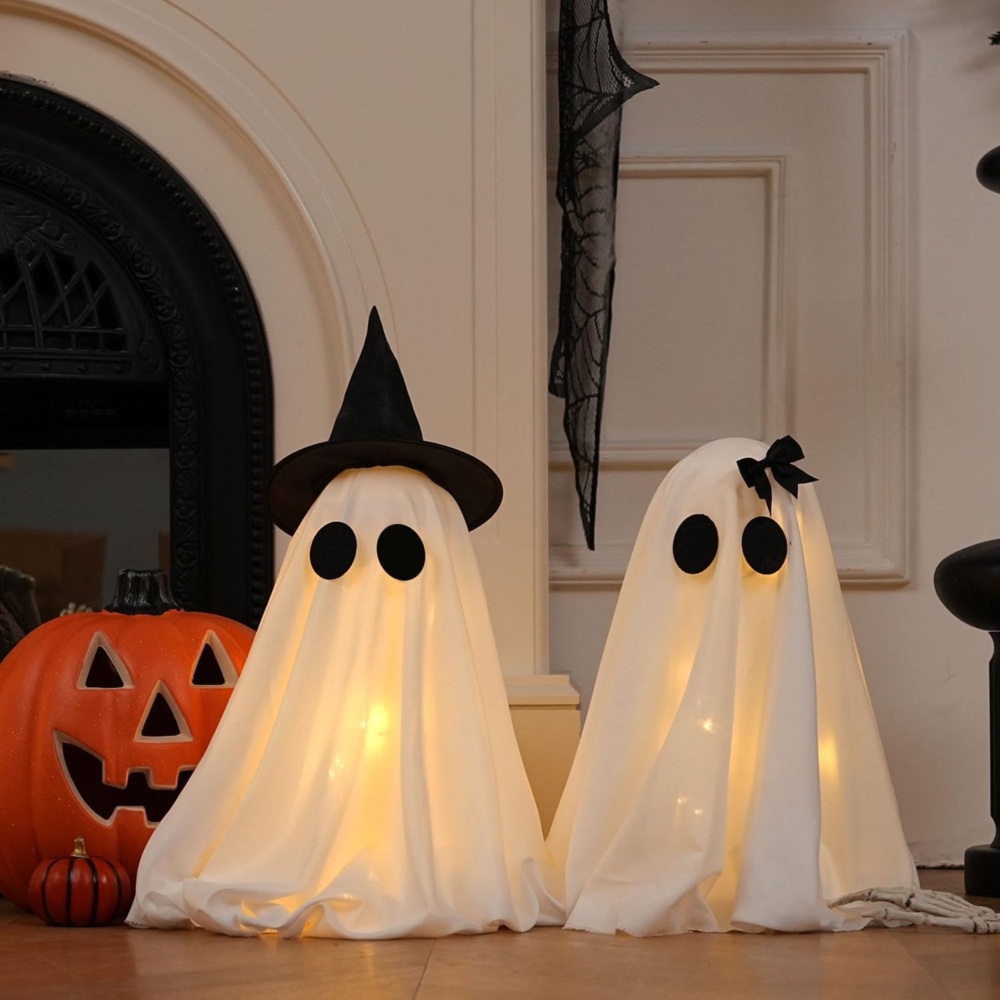 Illuminated Halloween Ghost Decorations - Set of 2 DIY Spooky Ghost Crafts for Indoor Home Mantel, Shelf, and Tabletop Decor
