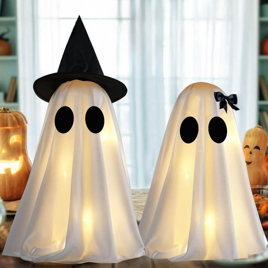 Illuminated Halloween Ghost Decorations - Set of 2 DIY Spooky Ghost Crafts for Indoor Home Mantel, Shelf, and Tabletop Decor