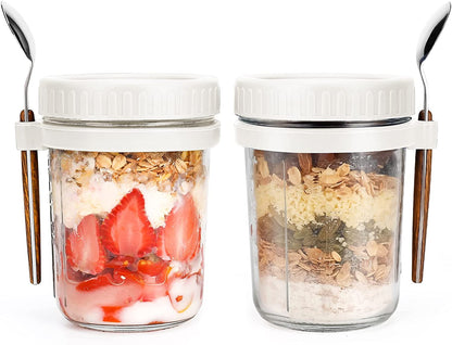 Overnight Oats Mason Jars with Spoon and Lid 16 Oz [2 Pack]