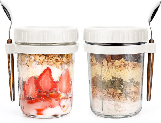 Overnight Oats Mason Jars with Spoon and Lid 16 Oz [2 Pack]