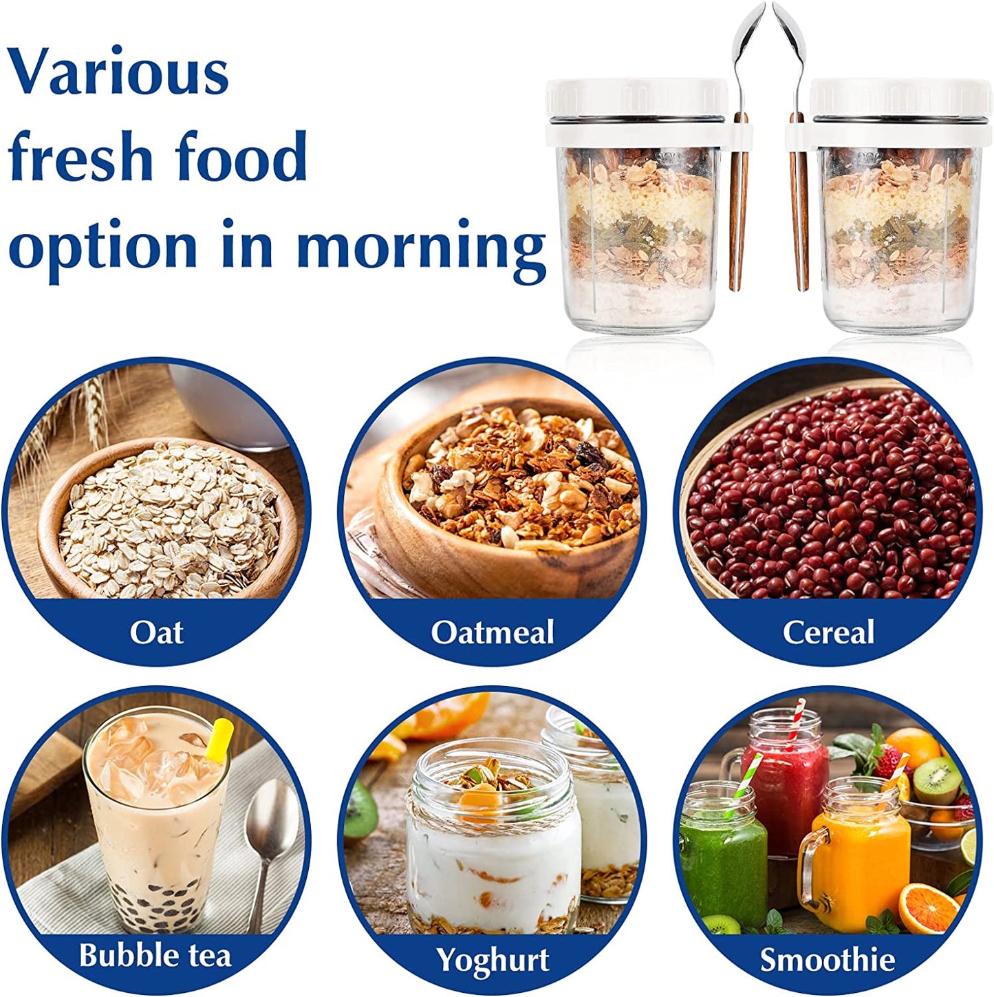 Overnight Oats Mason Jars with Spoon and Lid 16 Oz [2 Pack]