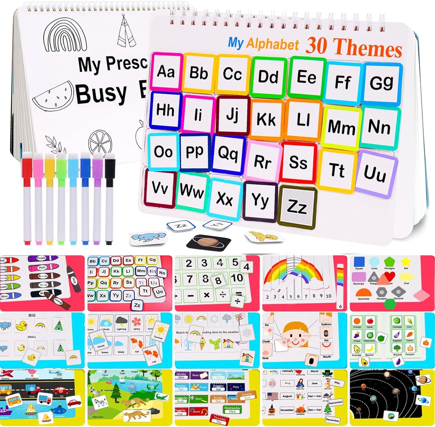 Busy Book for Kids with Learning Activities, 30 Themes with 8 Markers