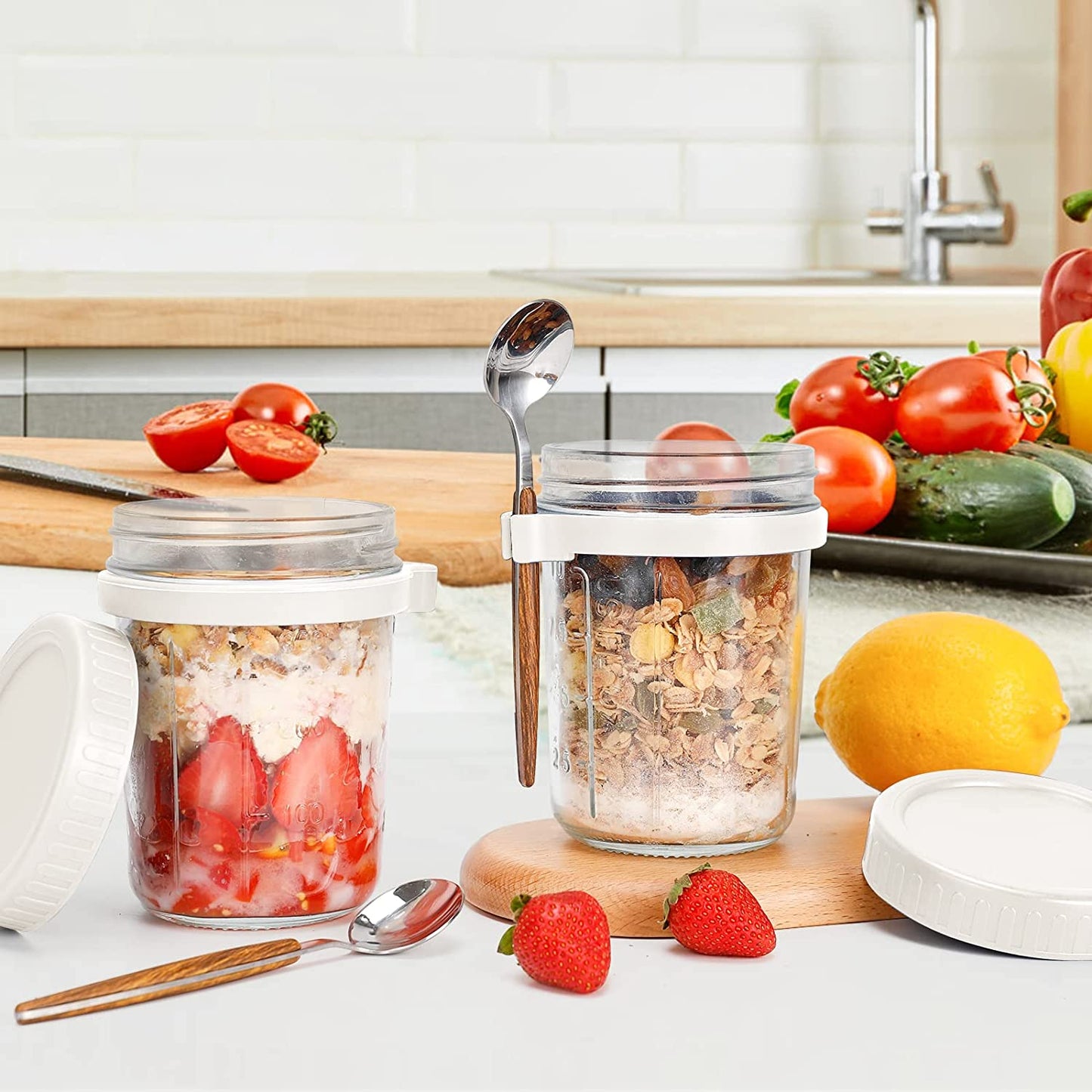 Overnight Oats Mason Jars with Spoon and Lid 16 Oz [2 Pack]