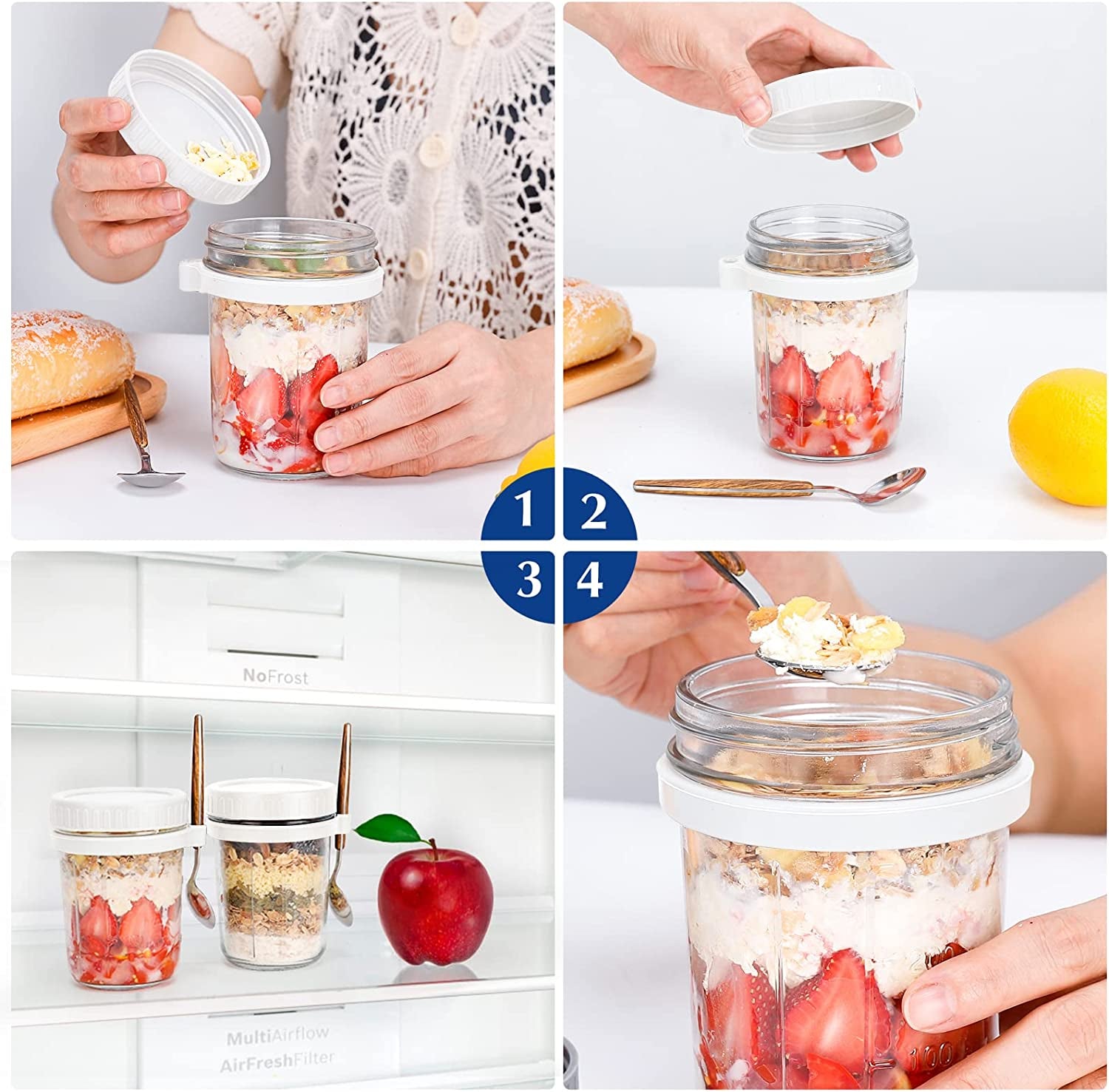 Overnight Oats Mason Jars with Spoon and Lid 16 Oz [2 Pack]
