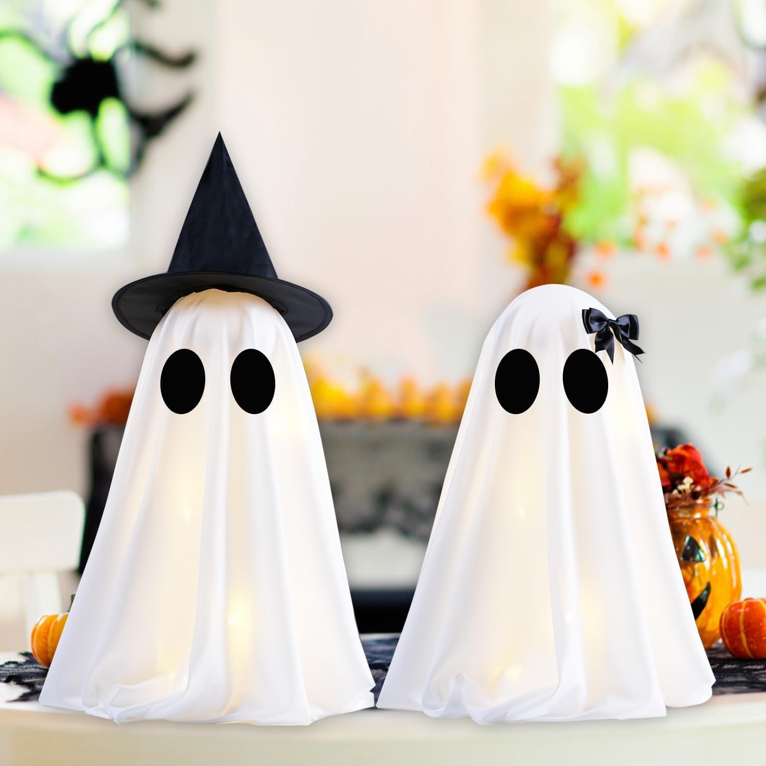 Illuminated Halloween Ghost Decorations - Set of 2 DIY Spooky Ghost Crafts for Indoor Home Mantel, Shelf, and Tabletop Decor